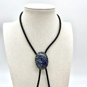 Bolo Tie Blue Gold Resin Stone Braided Leather Cord Western Cowboy Necklace‎